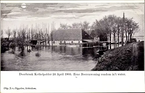 Ak Schiedam Südholland Niederlande, Doorbraak Kethelpolder 1903, Boerenwoning, Hochwasser