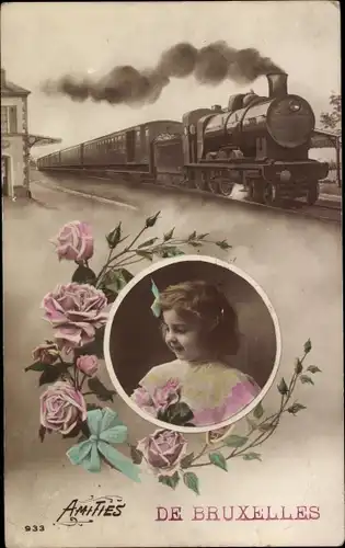 Ak Bruxelles Brüssel, Dampflok, Mädchen, Rosen