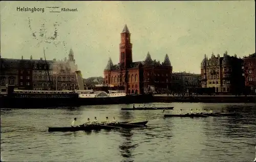 Ak Helsingborg Schweden, Dampfer mit Ruderbooten vor dem Rathaus