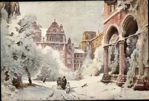 Künstler Ak Püttner, Richard, Heidelberg am Neckar, der Schlosshof im Winter, Spaziergänger