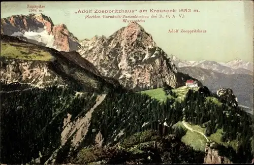 Ak Garmisch Partenkirchen in Oberbayern, Kreuzeckhaus, Adolf Zoeppritz Haus, Zugspitze