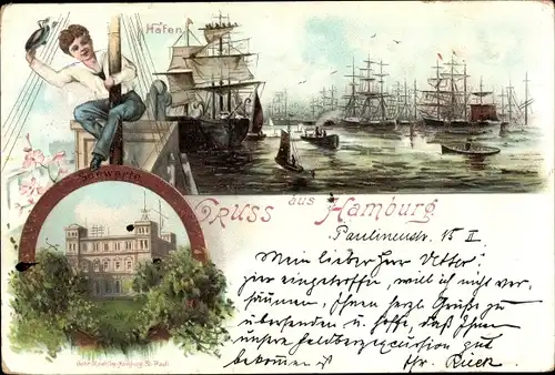 Litho Hamburg St. Pauli, Segelschiffhafen mit Seewarte, Matrose am Mast