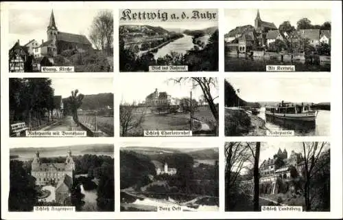 Ak Kettwig Essen im Ruhrgebiet, Kirche, Bootshaus, Schloss Charlottenhof, Burg, Schloss Landsberg