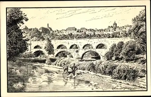 Künstler Ak Rothenburg ob der Tauber Mittelfranken,  Doppelbrücke, erbaut 1330
