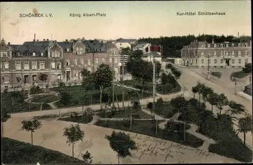 Ak Schöneck im Vogtland, König Albert-Platz, Kur-Hotel Schützenhaus