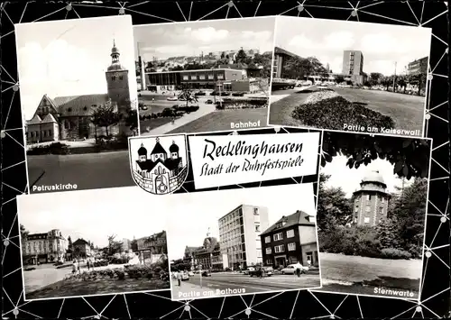 Ak Recklinghausen im Ruhrgebiet, Petruskirche, Bahnhof, Partie am Kaiserwall, Sternwarte