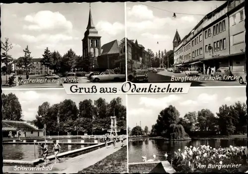 Ak Odenkirchen Mönchengladbach am Niederrhein, Burgfreiheit und evgl. Kirche und kath. Kirche