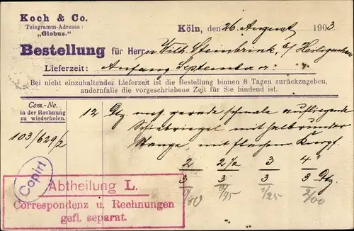 Ak Köln am Rhein, Bestellkarte Firma Koch & Co.