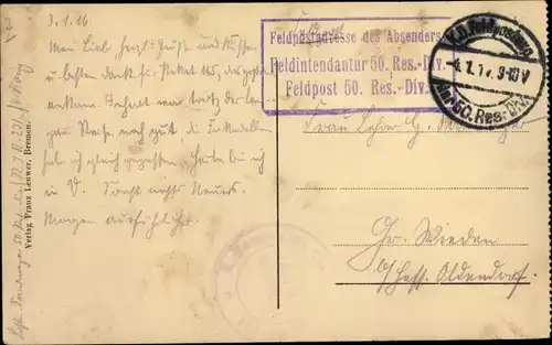 Dt. Feldpost, Truppenstempel, Feldintendantur 50. Res. Div. Feldpost 50. Res. Div., I WK