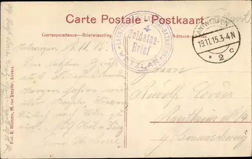 Dt. Feldpost, Truppenstempel, Landsturm Inf. Bataillon 4, Wetzlar, I WK, Antwerpen