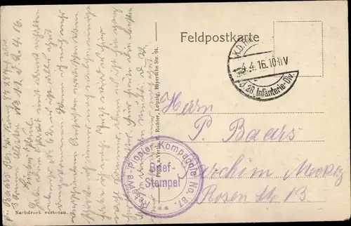 Dt. Feldpost, Truppenstempel, Reserve Pionier Komp. No. 87, 28. Infanterie Division, I WK