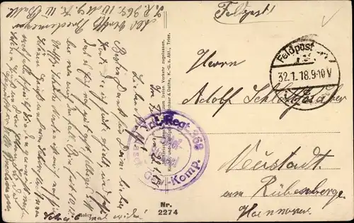 Dt. Feldpost, Truppenstempel, Masch. Gew. Komp., Inf. Regt. 368, I WK