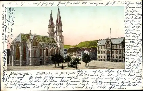 Golden Windows Leuchtfenster Ak Meiningen in Thüringen, Stadtkirche mit Marktplatz