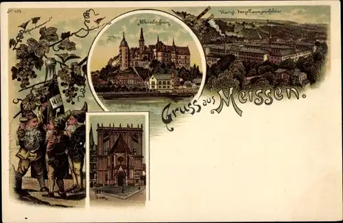 Litho Meißen an der Elbe, Albrechtsburg, Porzellanmanufaktur, Dom, Zwerge