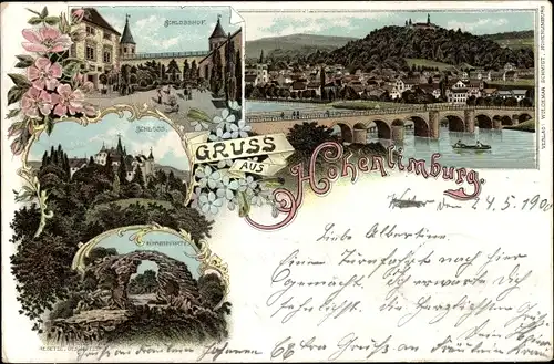 Litho Hohenlimburg Hagen in Westfalen, Schloss, Schlosshof, Panorama mit Brücke