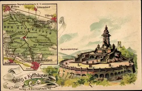 Landkarten Litho Bad Frankenhausen am Kyffhäuser Thüringen, Kaiserdenkmal, Der Kyffhäuser