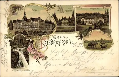 Litho Friedrichsroda, Wasserfall, Kurhaus, Klostermühle, Tanzbuche