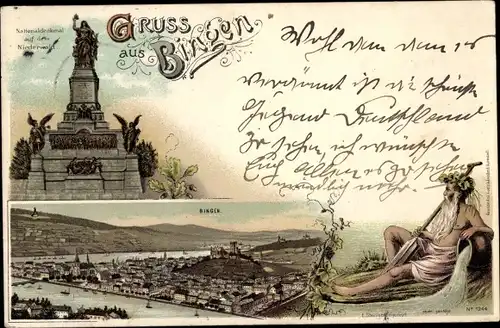 Litho Bingen am Rhein, Niederwalddenkmal, Vater Rhein, Stadtansicht
