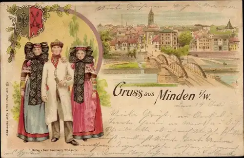 Litho Minden in Ostwestfalen Lippe, Schaumburger in Trachten, Ortschaft, Brücke