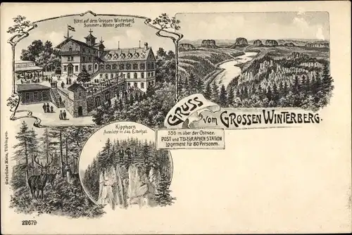 Litho Bad Schandau an der Elbe, Hotel auf dem Großen Winterberg, Kipphorn, Aussicht in das Elbtal