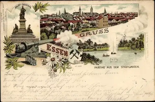 Litho Essen im Ruhrgebiet, Krupp Denkmal, Stadtgarten, Stadtpanorama