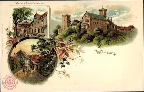 Litho Lutherstadt Eisenach in Thüringen, Blick auf die Wartburg, Hotel, Wartburg Hof