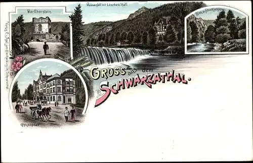 Litho Schwarzburg in Thüringen, Eberstein im Schwarzatal, Wasserfall, Kirchfelsen