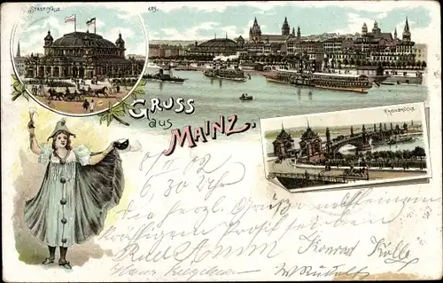 Litho Mainz am Rhein, Rheinansicht, Rheinbrücke, Stadthalle