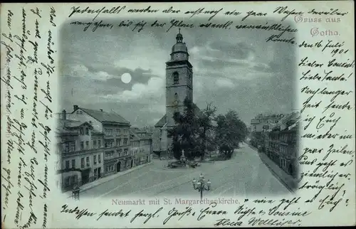 Mondschein Ak Gotha in Thüringen, Neumarkt und St. Margarethenkirche