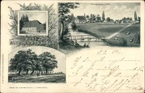 Litho Hermannsburg Südheide in der Lüneburger Heide, Gesamtansicht, Pfarrhaus, Missionshaus