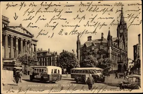 Ak Preston North West England, Market Square, Kirche, Busse