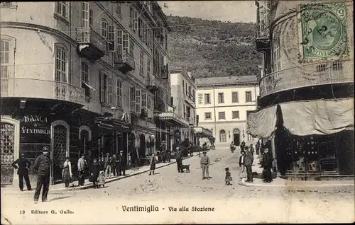 Ak Ventimiglia Liguria, Via alla Stazione, Bank