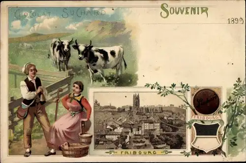Litho Fribourg Freiburg Stadt Schweiz, Chocolat Suchard, Trachten, Wappen