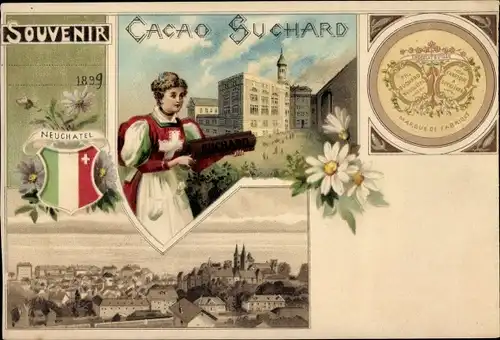 Wappen Litho Neuchâtel Neuenburg Stadt, Reklame, Cacao Suchar, Schokolade, Stadtansicht