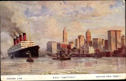 Künstler Ak New York City USA, Dampfer RMS Aquitania, Cunard Line