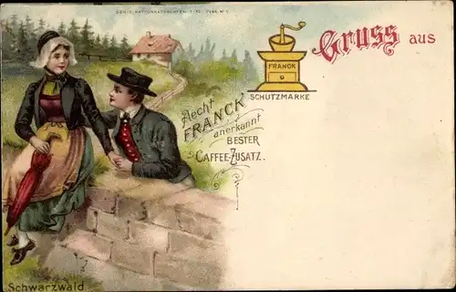 Litho Paar in Volkstracht aus dem Schwarzwald, Reklame, Franck Kaffeezusatz