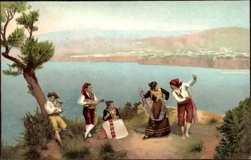 Litho Italien, Italiener in Trachten, Volkstanz, Meerblick, Stengel