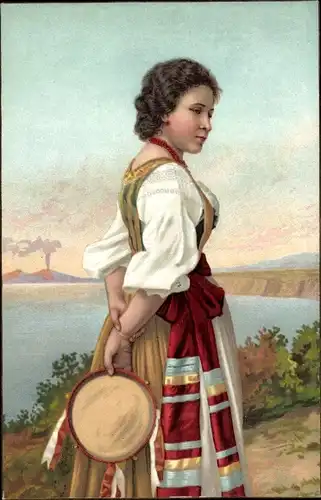 Litho Frau in italienischer Tracht mit Tambourin
