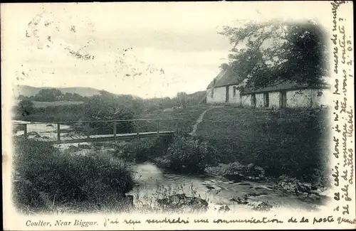 Ak Biggar Schottland, Coulter, Ortsansicht, Fluss, Brücke