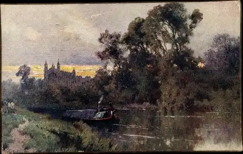 Künstler Ak Flusspartie, Boot, Bäume, Im Hintergrund Schloss
