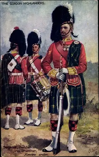 Künstler Ak The Gordon Highlanders, Sergeant, Bandsmann and Drummer