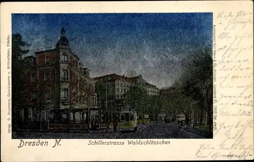 Luna Ak Dresden Neustadt, Schillerstraße, Waldschlösschen, Straßenbahn