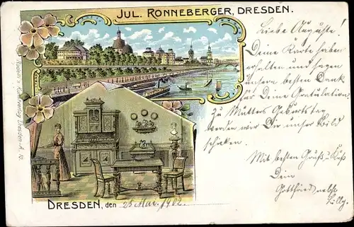 Litho Dresden Zentrum Altstadt, Reklame, Möbelmagazin Jul. Ronneberger, Scheffelstraße 6