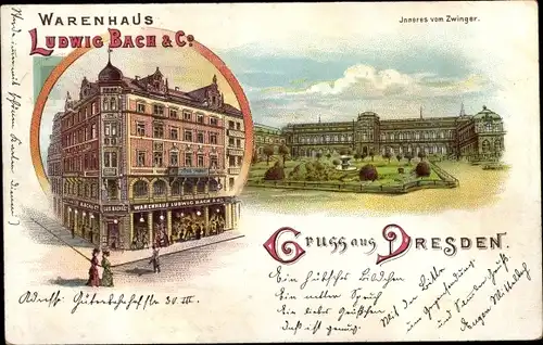 Litho Dresden Zentrum Altstadt, Zwinger, Warenhaus Ludwig Bach & Co., Wettiner Straße 3