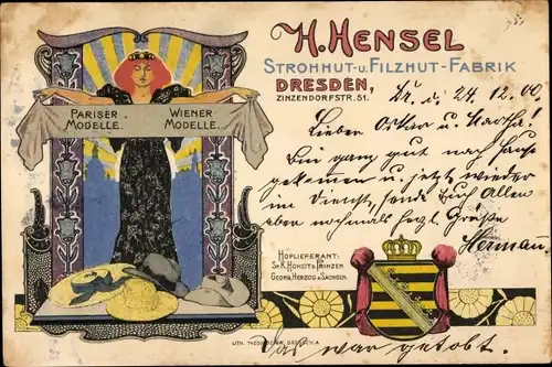 Jugendstil Wappen Litho DDR Deutscher Fernsehfunk, Strohhut und Filzfabrik, Zinzendorfstraße 51