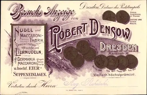 Litho Dresden, Besuchsanzeige Robert Densow, Nudelfabrik, Marienstraße 16