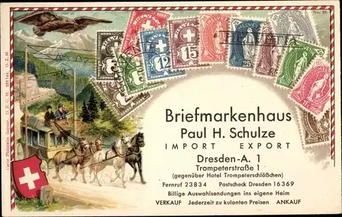 Briefmarken Ak Briefmarkenhaus Paul H. Schulze, Dresden, Trompeterstraße 1, Schweizer Postkutsche