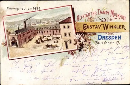 Litho Dresden Altstadt, Altstädter Dampf Molkerei, Reitbahnstraße 17, Reklame