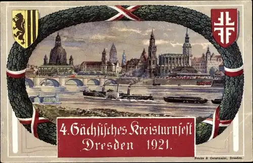 Passepartout Wappen Ak Dresden, 4. Sächsisches Kreisturnfest 1921, Friedrich August Brücke