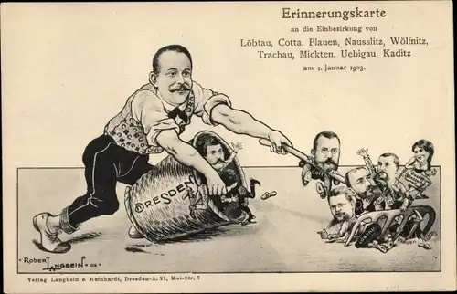 Künstler Ak Langbein, Robert, Dresden, Einbezirkung 1903, Löbtau, Cotta, Plauen, Nausslitz, Wölfnitz